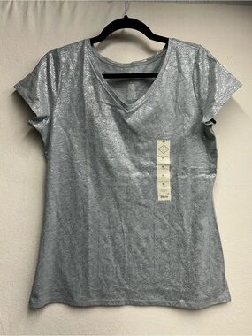 St. John's Bay Silver Metallic V-Neck Short Sleeve Tee